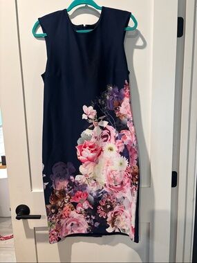 Worthington Navy Midi Scuba Dress with Pink Floral Print